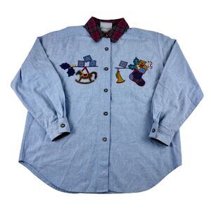 VTG Jantzen Christmas Holiday Soft Denim Shirt Womens S/M Light Blue Button Up